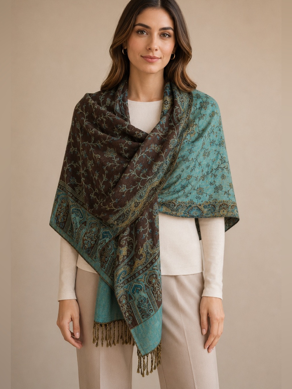 Pashmina Cashmere Silk Paisley Wrap Brown Turquoise Italy 27 x 72
